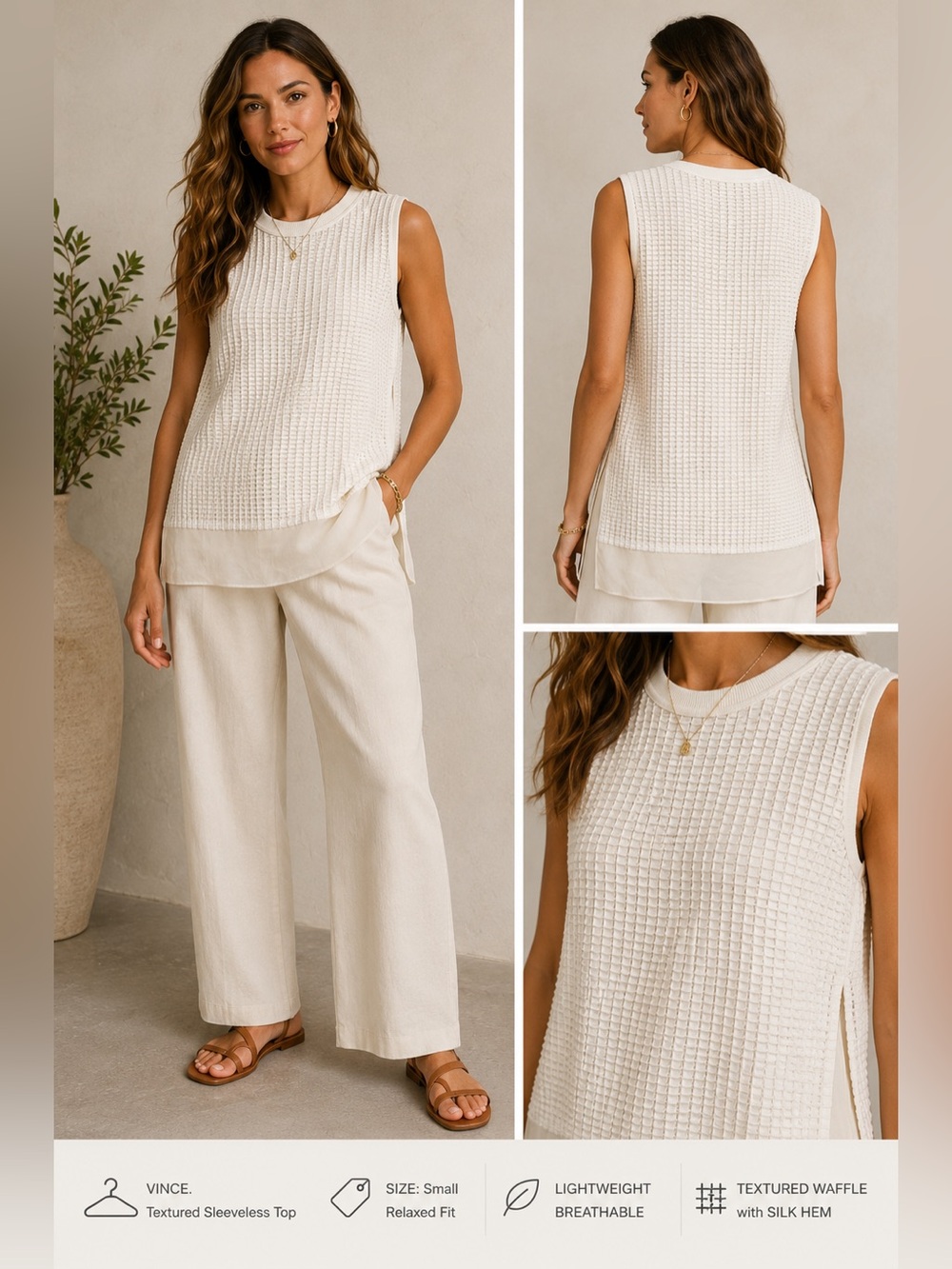Vince Textured Sleeveless Top Silk Hem Cream Minimalist Layered Blouse S
